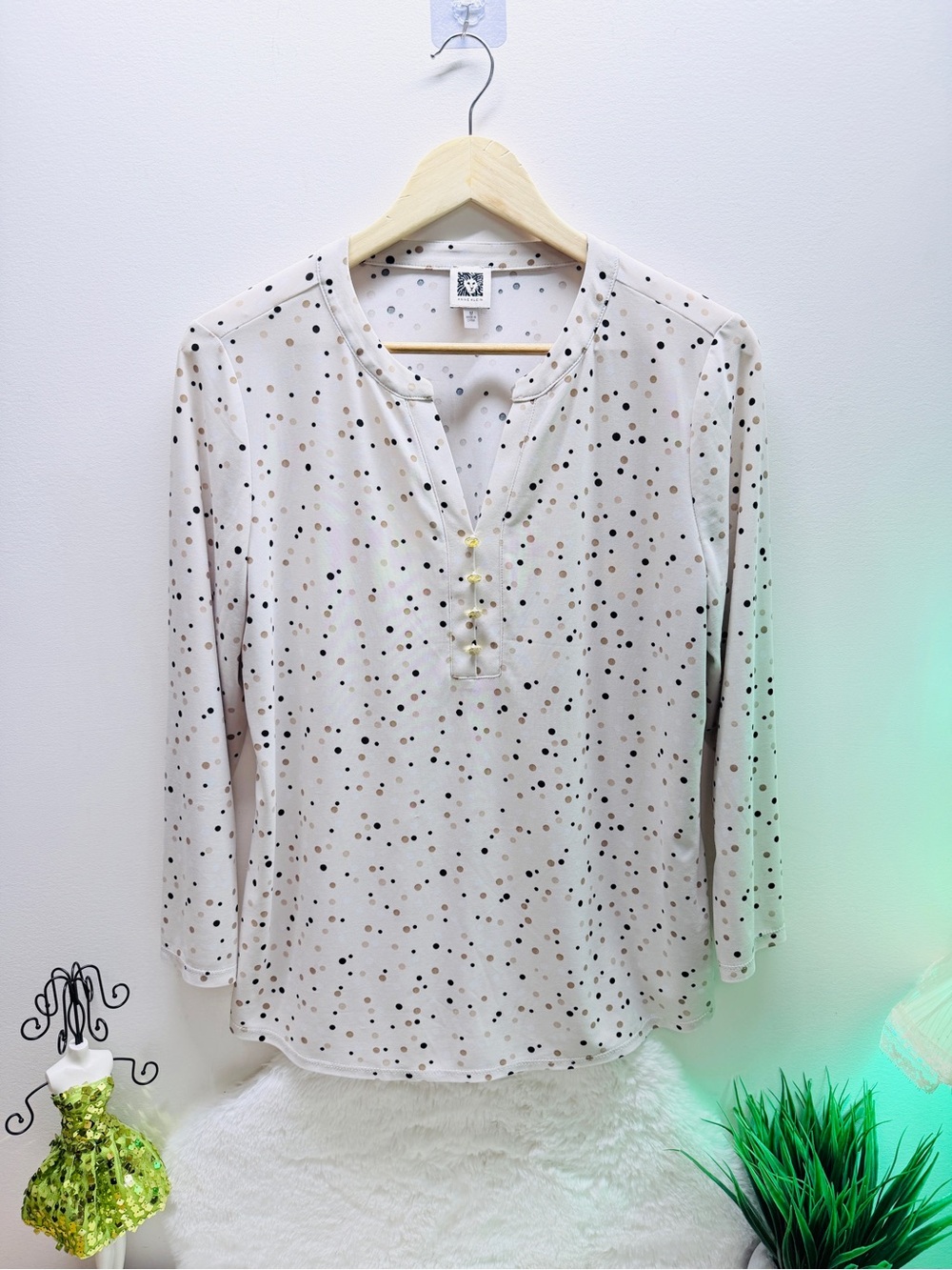 Anne Klein Polka Dot Long-Sleeve Henley Top Cream Effortless Office Attire 🔥
